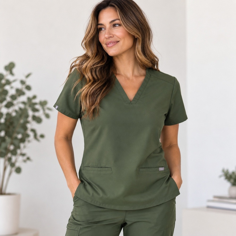 FIGS Casma Scrub Top Womens S Olive Green V Neck 3 Pocket Stretch Medical